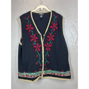 Segue Noel Womens Joy Sweater Vest Christmas Holly Poinsettia Embroidery Size XL